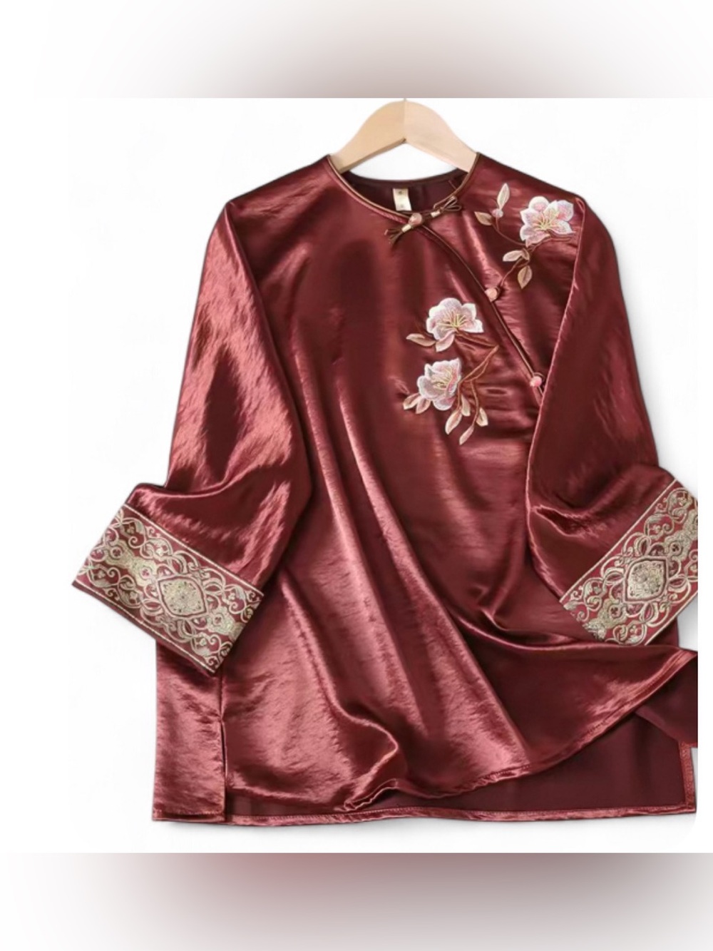 Embroidered Satin Blouse in Wine Red - Classic Women's Tunic